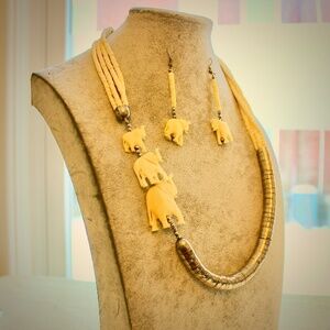 Vintage Carved Bone Elephant Silver Chain Necklace Earring set.